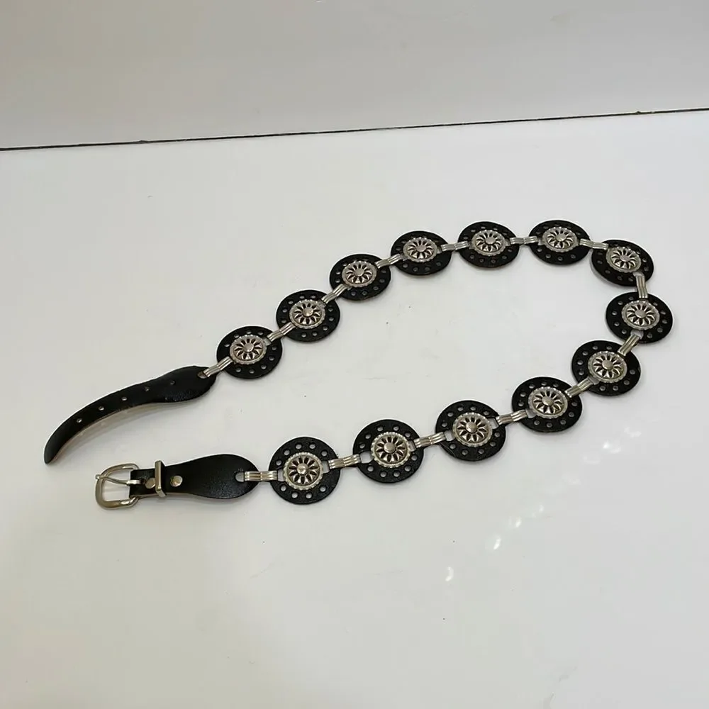 BLACK‎ FAUX LEATHER WESTERN BELT WITH SILVER MEDALLIONS